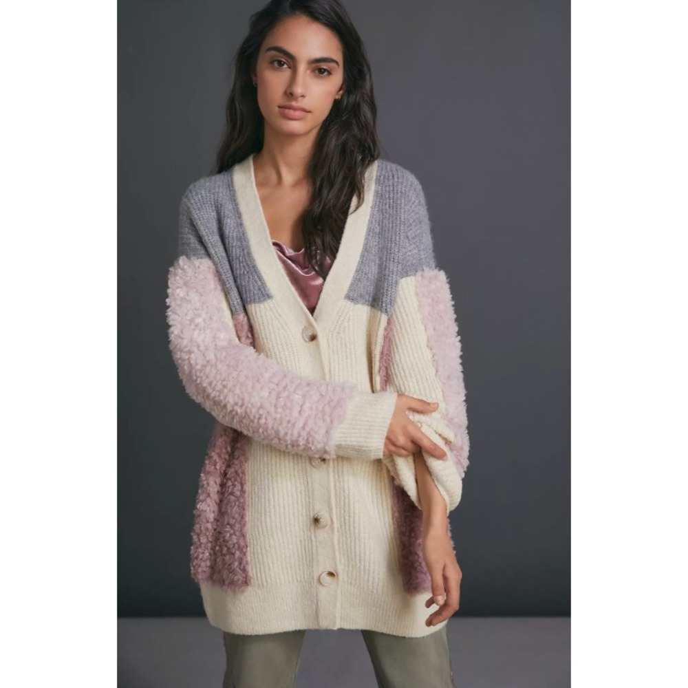Anthropologie Olivia Textured Colorblock Cardigan Pink Gray Cream Small